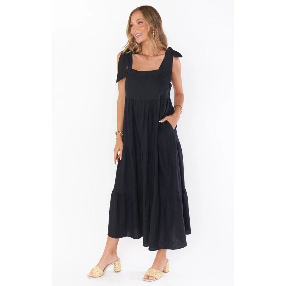 Show Me Your MuMu Black Small Arabella Maxi Dress Linen Blend Ruffles NEW